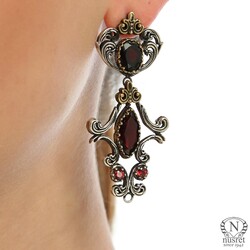 Silver & Bronze Ancient Byzantium Design Dangle Earrings with Red Garnet - Nusrettaki