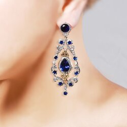 925 Ayar Gümüş ve Bronz Karışımı Mavi Safir Taşlı Otantik Küpe - 5