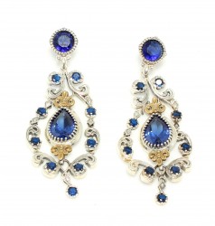 Silver & Bronze Ancient Byzantium Design Dangle Earrings with Sapphire - Nusrettaki (1)