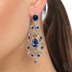 Silver & Bronze Ancient Byzantium Design Dangle Earrings with Sapphire - Nusrettaki