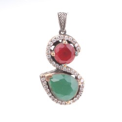 Silver & Bronze S Design Pendant with Oval Emerald - Nusrettaki (1)