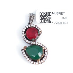 Silver & Bronze S Design Pendant with Oval Emerald - Nusrettaki