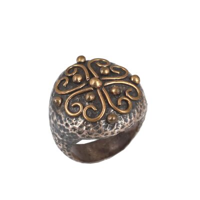 925 Ayar Gümüş ve Bronz Karışımı Desenli Yuvarlak Yüzük - 2