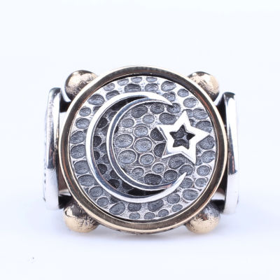 925 Sterling Silver and Bronze Star and Crescent Design Men Ring - 4
