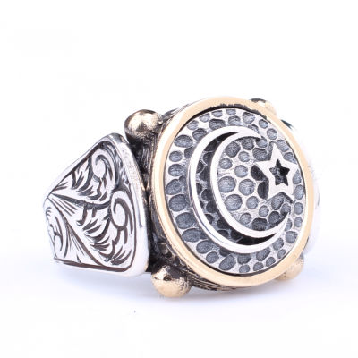 925 Sterling Silver and Bronze Star and Crescent Design Men Ring - 5