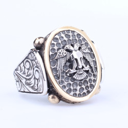 925 Sterling Silver and Bronze Double Headed Eagle Design Men Ring - Nusrettaki (1)