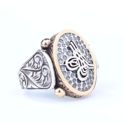 Silver & Bronze Ottoman Tugra Design Men's Ring - Nusrettaki (1)