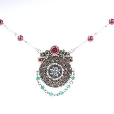 925 Ayar Gümüş ve Bronz Karışımı Garnet Taşlı Otantik Kolye - 4