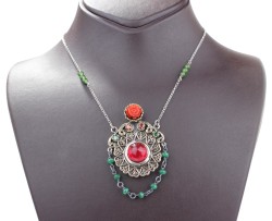 Silver & Bronze Authentic Necklace with Rose Coral - Nusrettaki (1)