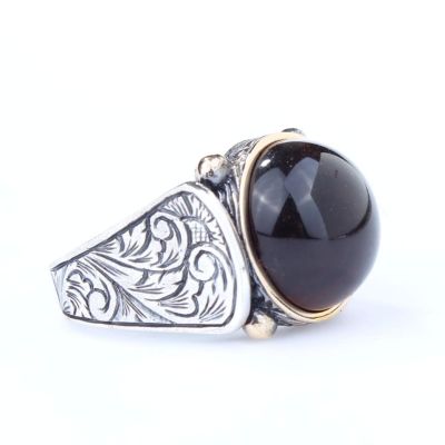 925 Sterling Silver and Bronze Men Ring with Brown Agate - 1