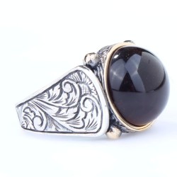 925 Sterling Silver and Bronze Men Ring with Brown Agate - Nusrettaki (1)