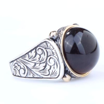 925 Sterling Silver and Bronze Men Ring with Brown Agate - 2