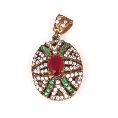 925 Ayar Gümüş Ve Bronz Karışımı Oval Yakut Zümrüt Zirkon Taşlı Kolye Ucu - 1