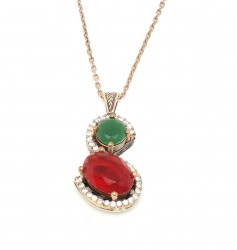 Nusrettaki - 925 Sterling Silver & Bronze S Model Necklace with Ruby & Emerald