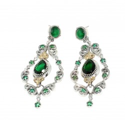 Silver & Bronze Ancient Byzantium Design Dangle Earrings with Emerald - Nusrettaki