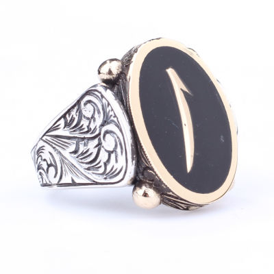 Silver Arabic Letter Men Ring with Black Enamel - 1