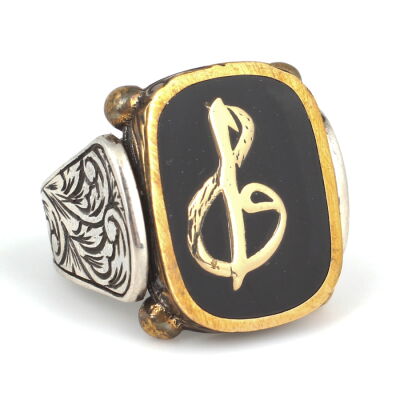 925 Ayar Gümüş ve Bronz Siyah Mineli Elif Vav Harf Desenli Erkek Yüzük - 2
