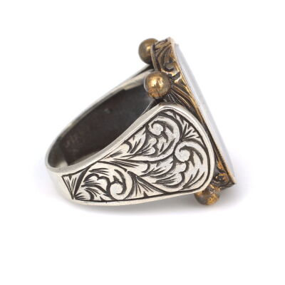 925 Ayar Gümüş ve Bronz Siyah Mineli Elif Vav Harf Desenli Erkek Yüzük - 4