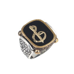 925 Ayar Gümüş ve Bronz Siyah Mineli Elif Vav Harf Desenli Erkek Yüzük - Nusrettaki