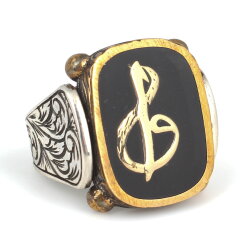 925 Ayar Gümüş ve Bronz Siyah Mineli Elif Vav Harf Desenli Erkek Yüzük - Nusrettaki (1)