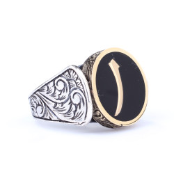 Silver & Bronze Black Enameled Elif Letter Men's Ring - Nusrettaki (1)