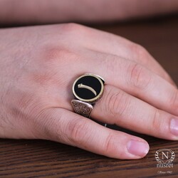 Silver & Bronze Black Enameled Elif Letter Men's Ring - Nusrettaki