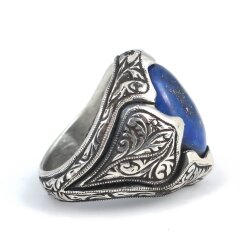 925 Ayar Gümüş Vintage İşlemeli Gerçek Lapis Taşlı El Kalemli Erkek Yüzüğü - 3