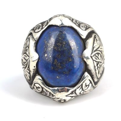 925 Ayar Gümüş Vintage İşlemeli Gerçek Lapis Taşlı El Kalemli Erkek Yüzüğü - 4