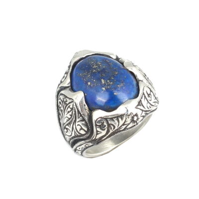 925 Ayar Gümüş Vintage İşlemeli Gerçek Lapis Taşlı El Kalemli Erkek Yüzüğü - 1