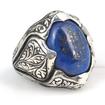 925 Ayar Gümüş Vintage İşlemeli Gerçek Lapis Taşlı El Kalemli Erkek Yüzüğü - 2