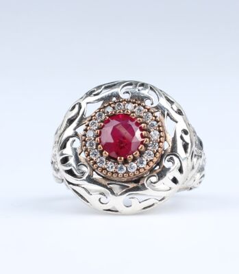 925 Ayar Gümüş Yakut Taşlı Desenli Yüzük - 2