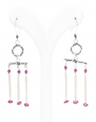 Nusrettaki - 925 Silver Ruby Stoned Chains Filigree Earrings