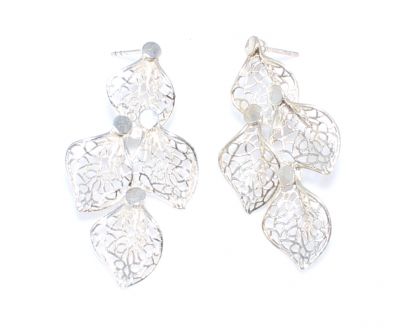 925 Silver Filigree Style Leaf Model Screw Back Dangle Earrings - 1