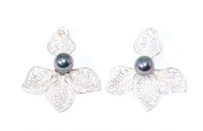 925 Silver Half-leaf Design Dangle Earrings with Black Pearls - 1