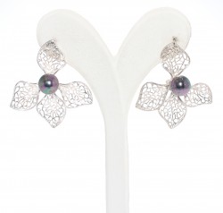 925 Silver Half-leaf Design Dangle Earrings with Black Pearls - Nusrettaki (1)