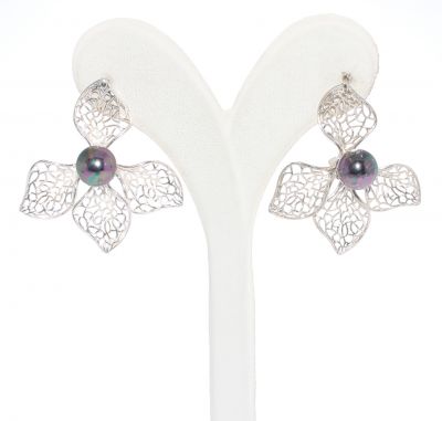 925 Silver Half-leaf Design Dangle Earrings with Black Pearls - 2