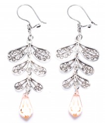 925 Silver Leaf Designed Dangle Filigree Earrings with Teardrop Pink Quartz - Nusrettaki