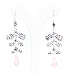 925 Silver Leaf Designed Dangle Filigree Earrings with Teardrop Pink Quartz - Nusrettaki (1)