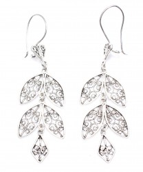 925 Silver Leaf Patterned Chandelier Filigree Earrings - Nusrettaki