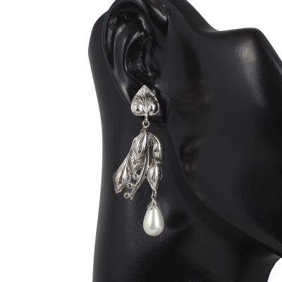 925 Ayar Gümüş Yapraklı Damla İncili Küpe - 2