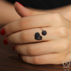 925 Sterling Silver Heart & Half Ball Ring with Ring with Black CZ - Nusrettaki