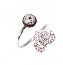 Nusrettaki - 925 Sterling Silver Half Ball & Heart Necklace with Black and White CZ