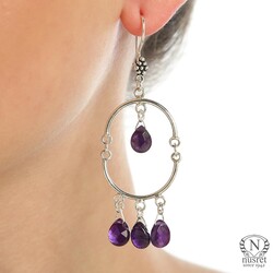 925 Sterling Silver Half Circle Amethyst Stoned Dangle Filigree Earrings - Nusrettaki