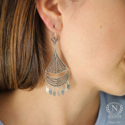 925 Silver Triangle, Double Crescent Design Chandelier Filigree Earrings - 2