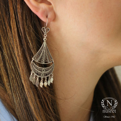 925 Silver Triangle, Double Crescent Design Chandelier Filigree Earrings - 5