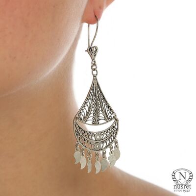925 Silver Triangle, Double Crescent Design Chandelier Filigree Earrings - 1