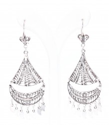 925 Silver Triangle, Double Crescent Design Chandelier Filigree Earrings - 4