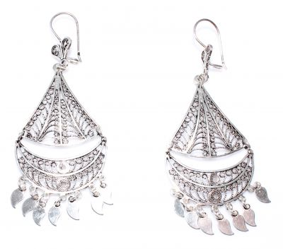 925 Silver Triangle, Double Crescent Design Chandelier Filigree Earrings - 3