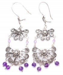925 Silver Half Flower Design Chandelier, Hoop Filigree Earrings with Amethyst - Nusrettaki (1)