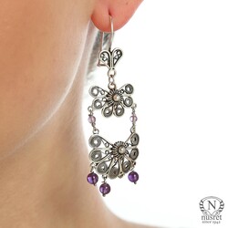 925 Silver Half Flower Design Chandelier, Hoop Filigree Earrings with Amethyst - Nusrettaki